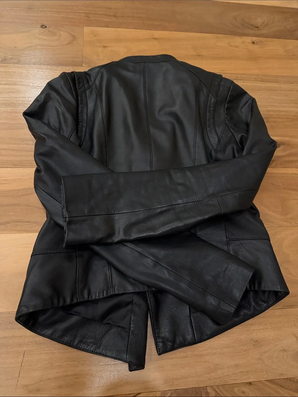 Michael Kors Black Leather Moto Jacket with Quilted Shoulder Detail